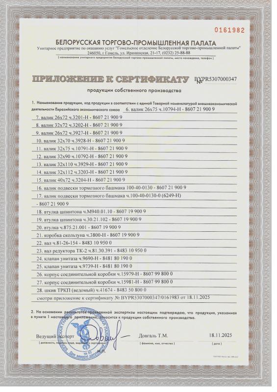 Сертификат продукции собственного производства на запасные части для ремонта железнодорожного подвижного состава (Приложение - часть 1)